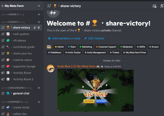 The "share-victory" channel on Discord of My Meta Farm.